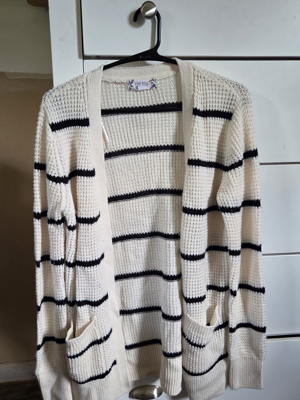 Striped Open-Front Knit Cardigan Sweater - Cream and Black